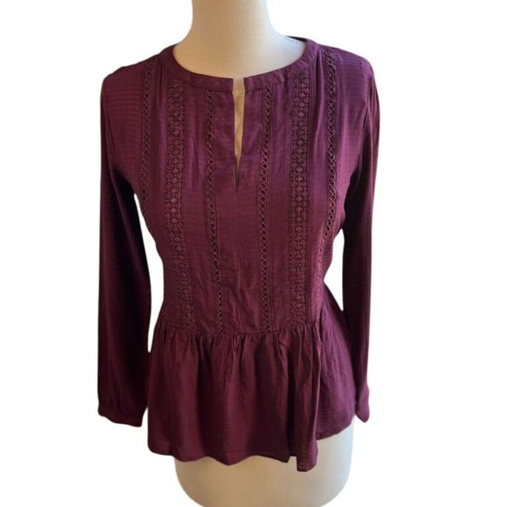 LOFT Boho Burgundy Embroidered Peplum Blouse Long Sleeve Romantic Top XS‎